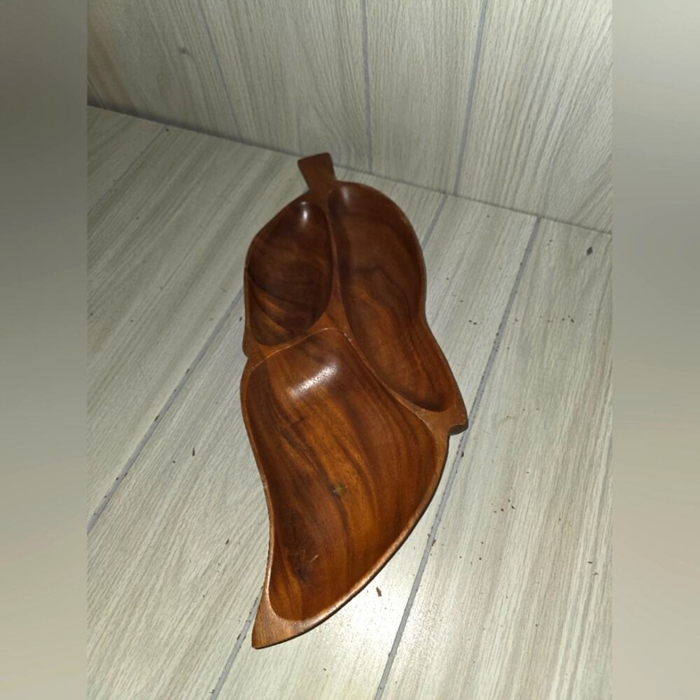 Vtg Hand Crafted Leaf Divided Dish Monkey Pod Wood Serving Tray Leilani 3 Sec.